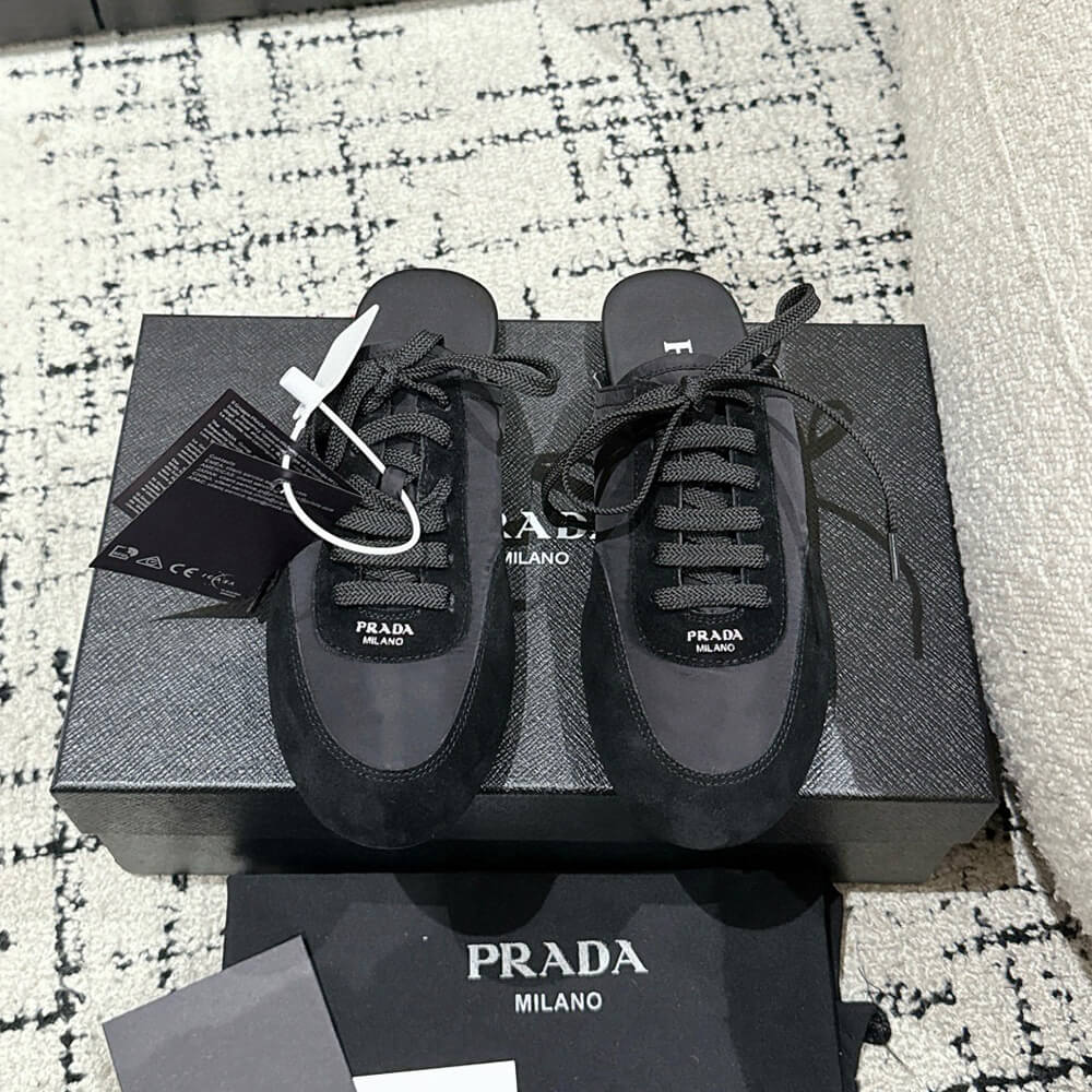 PRADA Collapse Re-Nylon and suede mules