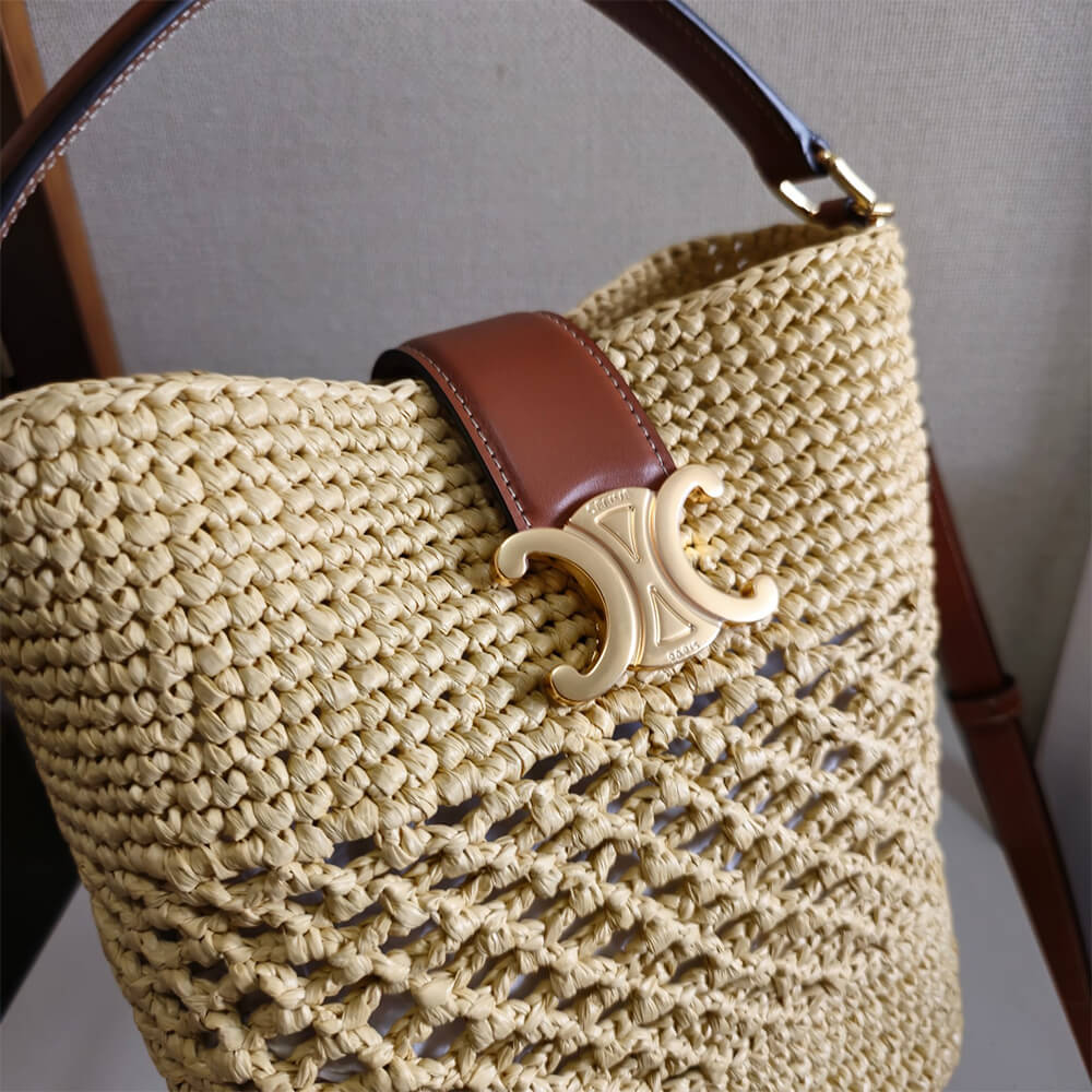 CELINE SMALL LOUISE BUCKET IN RAFFIA AND CALFSKIN(HIGH-END GRADE)