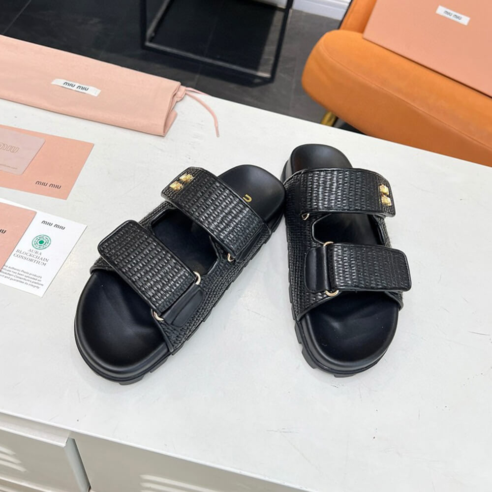 MiuMiu Raffia-effect woven fabric slides