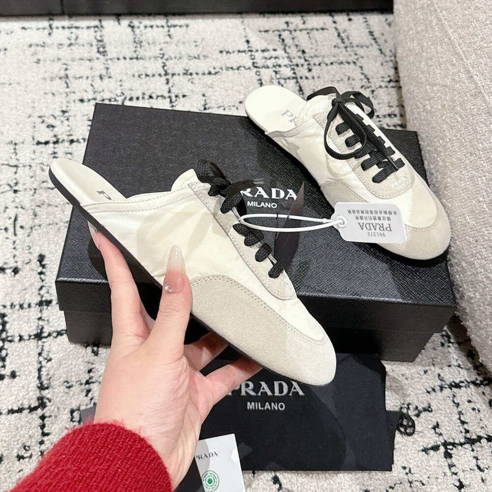 PRADA Collapse Re-Nylon and suede mules